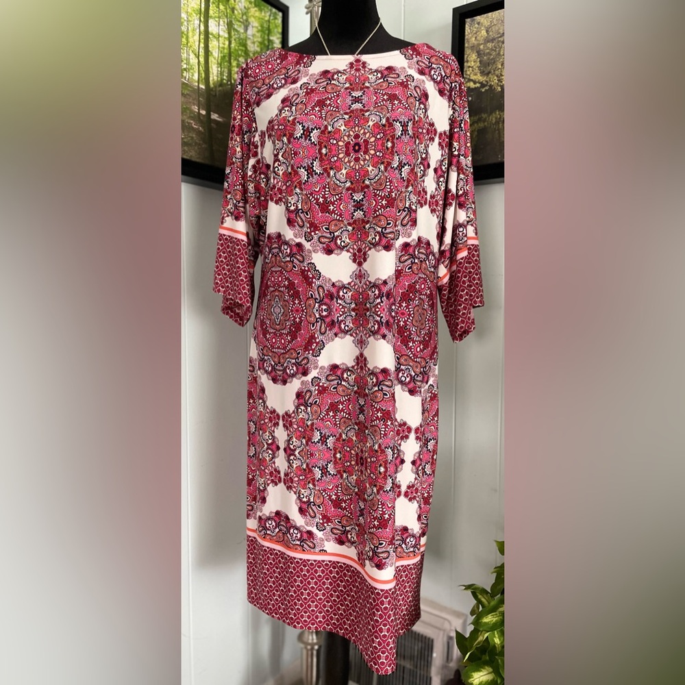 London Times Pink Medallion Print Kimono Sleeve Stretch Shift Dress 10